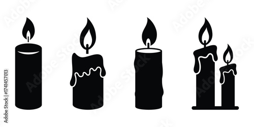 Black candle silhouettes with flames. Burning candle with dripping wax design, candle flame icon silhouette vector illustration isolated on white background.