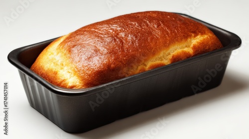 Freshly baked loaf of bread in black pan on neutral background