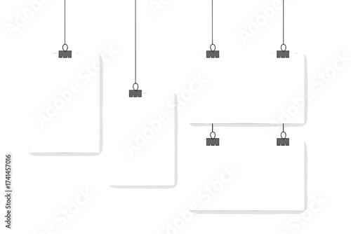 Poster mockup vector template. Blank white paper sheets hanging on office binder clips. Photo frame or picture gallery wall display. Empty page set for presentation isolated.