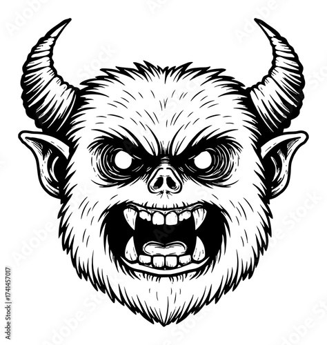 Scary Yetti Monster Head with Fangs Horns Black and White Outline Line Art Drawing Engraving
