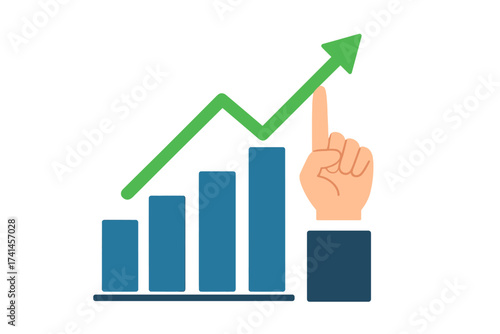 Profit concept with growing business graph. Template for investment and finance. Finger holding up chart arrow showing market increase, success, and financial progress.