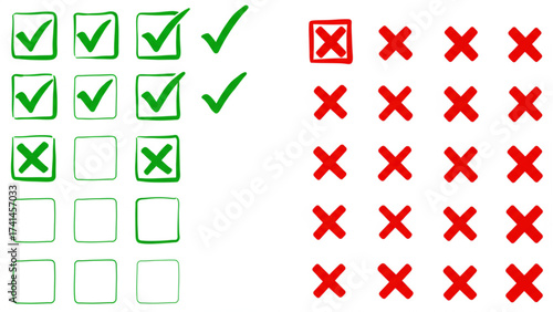Hand-drawn green checks and red crosses contrasting approval, success, failure, and denial, ideal for web design, business presentations, educational 