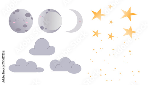 Various celestial elements including different phases of the moon, clouds, and stars. The scene features a whimsical night sky design.