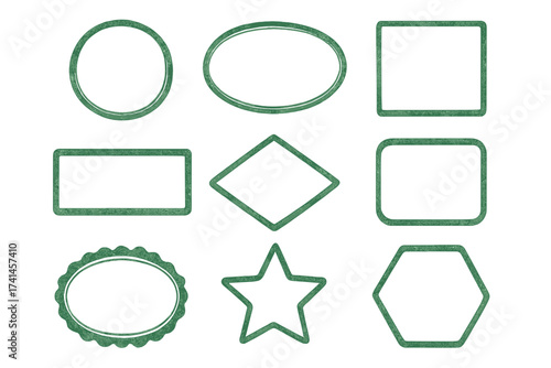 Green rubber ink stamp vector set. Grunge textured frames and borders collection. Blank seal, insignia, postage, badge, and label shapes. Circle, oval, square, star icons.