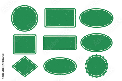 Set of green grunge rubber ink stamp shapes. Vector collection of retro textured empty frames, labels, and badges. Vintage distressed design elements for logos and banners.