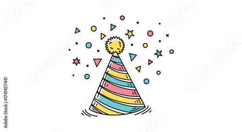 Obraz na płótnie Colorful striped party hat with confetti and stars.
