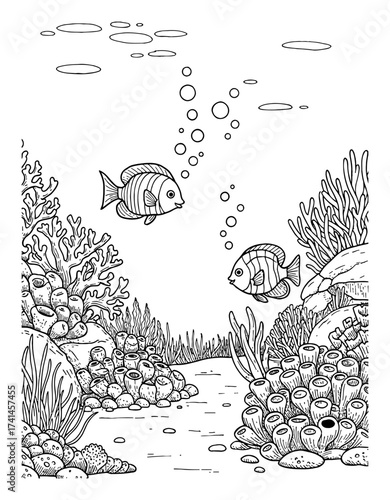 Underwater landscape with corals seaweeds and cute fish Black and White Outline Line Art Drawing