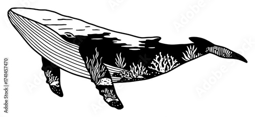 Underwater Sea Landscape with Seaweed and Corals Double Exposure Inside Whale Black and White Outline Line Art Drawing