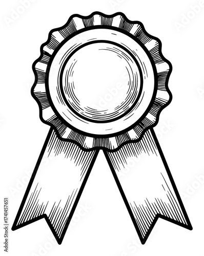 Realistic achievement award ribbon rosette badge prize Black and White Outline Line Art Drawing