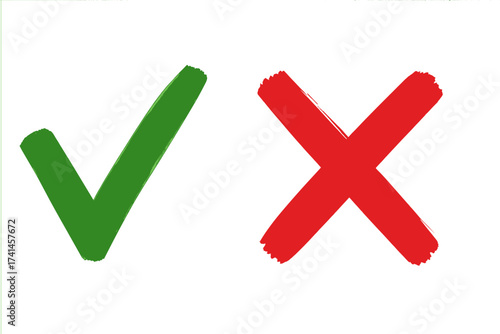 Green checkmark and red X cross brush stroke icons. Hand-drawn tick and cross signs. Symbols for YES and NO button for vote. Correct and incorrect choice. Approve or reject.