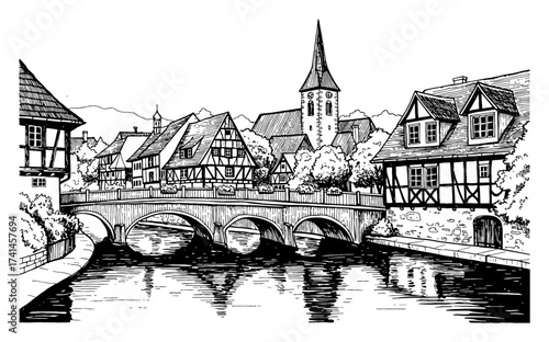 European Village Landscape Scene Half Timbered Houses Bridge River Church Black and White Outline Line Art Drawing