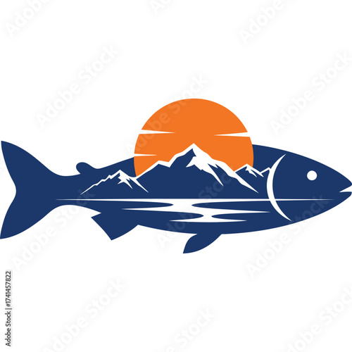 Fish and Mountain Landscape Logo Design silhouette vector nature fishing outdoor adventure sun travel tourism wildlife lake river peak