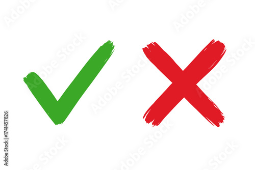 Hand drawn green checkmark and red cross vector signs. Brush stroke tick and X icons. Symbols for YES and NO button for vote, survey or quiz. Correct and incorrect choice marks.