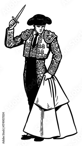Spanish Matador Bullfighter Holding Sword and Cape in Detailed Black and White Outline Line Art Drawing