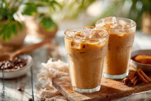 Iced Coffee Glasses with Coffee Beans Cinnamon Sticks on Wooden Serving Board Setup