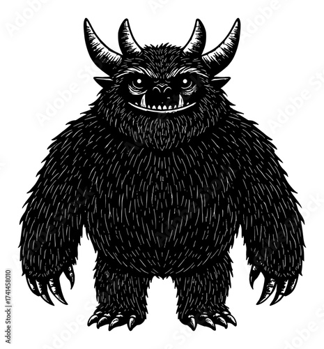 Ferocious Furry Yeti Monster Cryptid Creature with Horns and Claws Black and White Outline Line Art Drawing