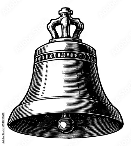 Detailed Antique Bell with Crown Hanger in Vintage Black and White Outline Line Art Drawing