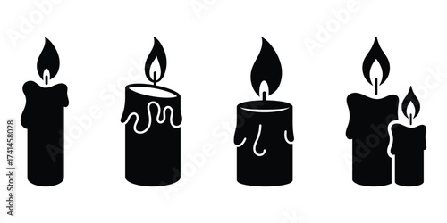 Silhouette candle icon with burning fire wick in flat design style concept. Scented candles vector icon. Candle icon. Editable stroke. Vector illustration. EPS 10
