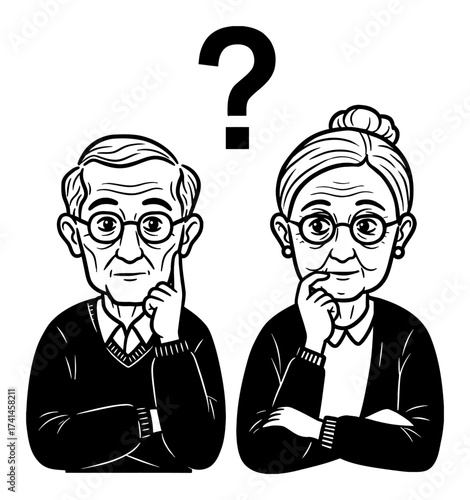 Doubtful Grandpa and Grandma Thinking Question Mark Above Heads Black and White Outline Line Art Drawing