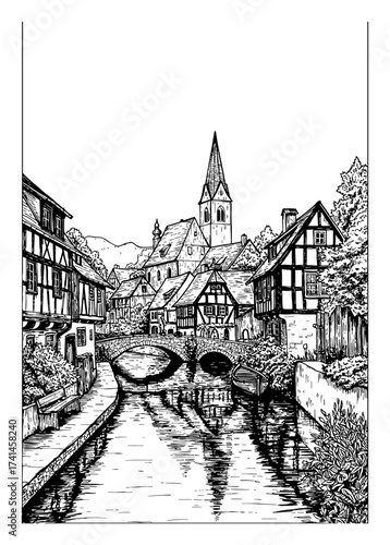 European Village Landscape Half Timbered House Canal Bridge Church Black and White Outline Line Art Drawing
