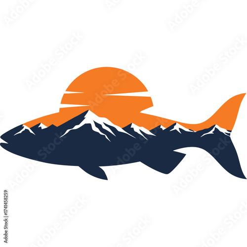 Fish and Mountain Landscape Silhouette nature outdoor sunset sunrise peak range wildlife fishing adventure travel graphic design