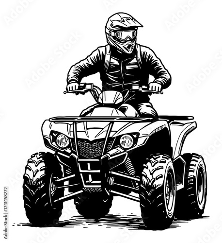 Off Road Man Ride Quad Bike Front View Illustration Black and White Outline Line Art Drawing Vintage Style