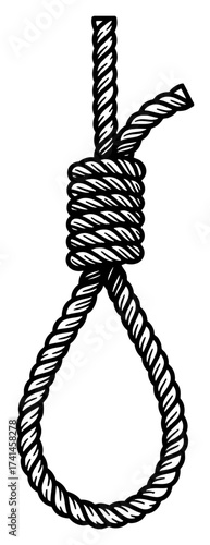 Hangman Noose Knot Rope Symbol Black and White Outline Line Art Drawing Vintage Engraving Style