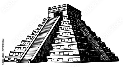 Ancient Mayan Pyramid Temple Structure Monument Isolated Black and White Outline Line Art Drawing Vector