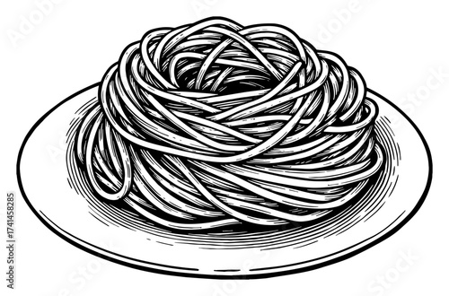 Pasta Strands Curled Layered Circular Bundle on Plate Flowing Curves Crossover Loops Black and White Outline Line Art Drawing