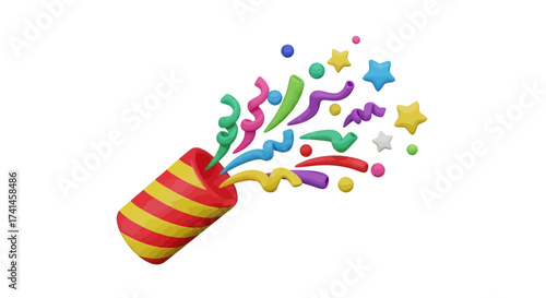 Photos Colorful 3D claymation party popper exploding with confetti streamers and stars