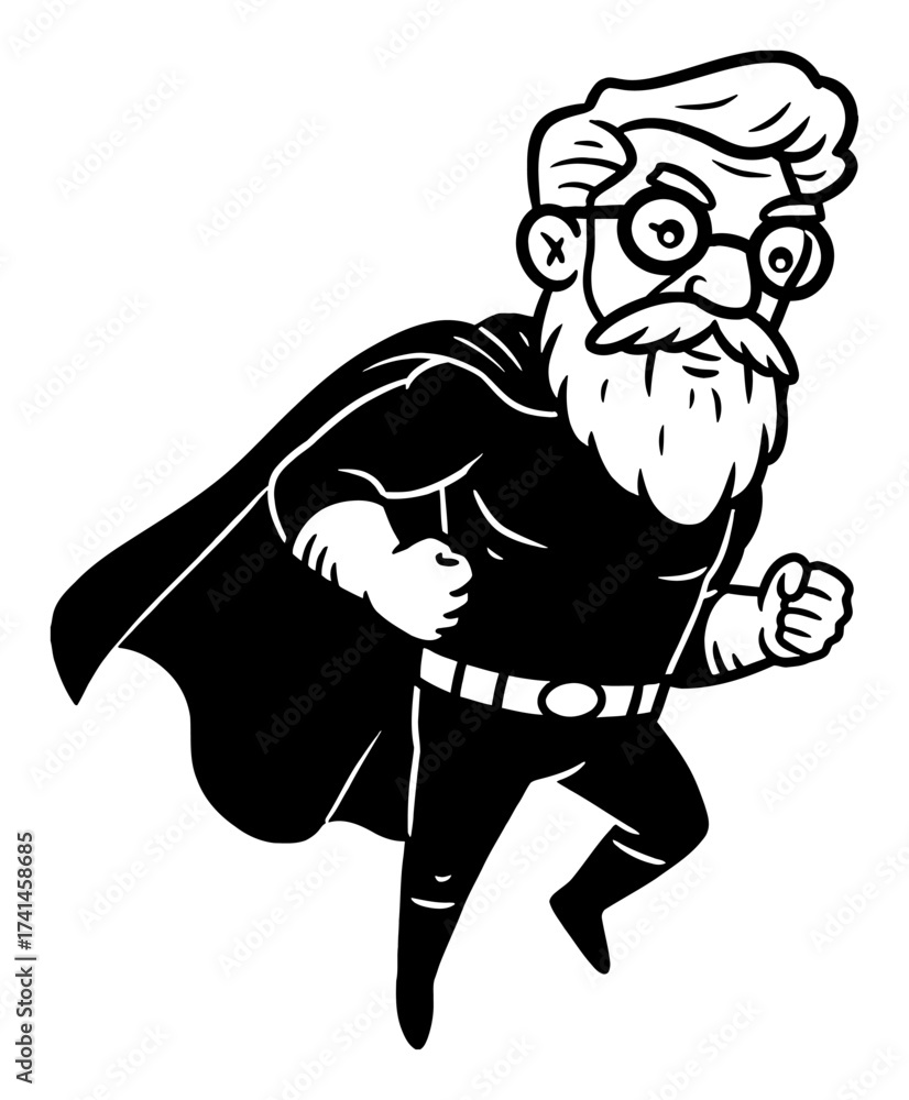Fototapeta premium Funny Old Man Grandpa Superhero Character Running Leaping Black and White Outline Line Art Drawing