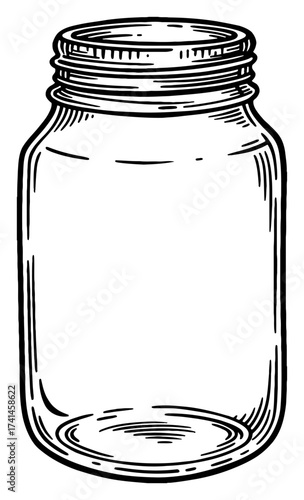 Empty Glass Jar Mason Container Vintage Hand Drawn Black and White Outline Line Art Drawing Graphic