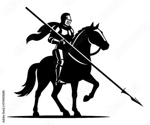 Knight Riding Horse with Spear Logo Vintage Black and White Outline Line Art Drawing Isolated Object