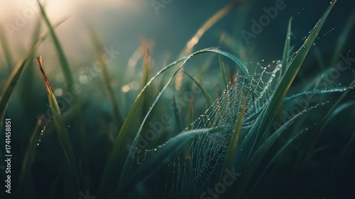 Close up of dew covered spider web among grass in soft morning light