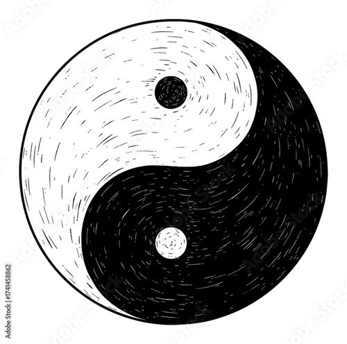 Taoist Traditional Yin Yang Symbol Black and White Outline Line Art Drawing illustrating opposite forces