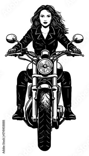 Rebel Woman Biker with Flowing Long Hair Riding Motorbike Front View Black and White Outline Line Art Drawing