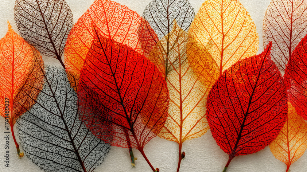 Obraz premium Skeleton Leaves with Intricate Vein Patterns in Red Orange Yellow Autumn Colors