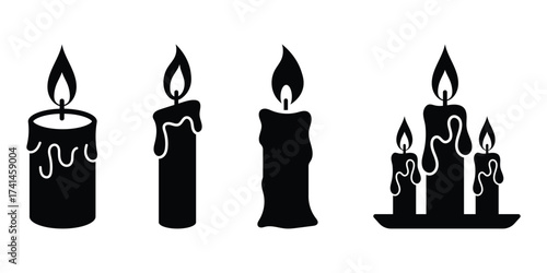 Silhouette candle icon with burning fire wick in flat design style concept. Scented candles vector icon. Candle icon. Editable stroke. Vector illustration. EPS 10