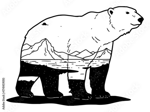 Antarctica Landscape Double Exposure inside Polar Bear Silhouette Coloring Book Style Black and White Outline Line Art Drawing