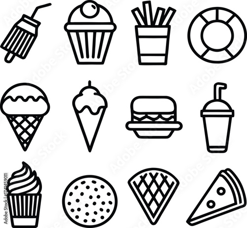 Collection of delicious fast food and sweet treat icons perfect for digital graphics and branding needs