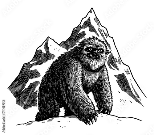 Scary Yetti Monster in Snowy Mountain Peak Black and White Outline Line Art Drawing Vector Illustration
