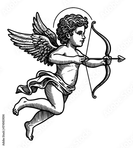 Flying Cherub Cupid Aiming Bow and Love Arrow Vintage Black and White Outline Line Art Drawing