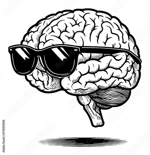 Cool Human Brain Wearing Sunglasses Side View Smart Idea Concept Black and White Outline Line Art Drawing