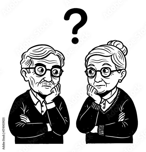 Elderly Couple Thinking Doubtful Expression Question Mark Above Heads Black and White Outline Line Art Drawing