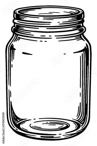 Empty Glass Mason Jar Container Vintage Engraving Style Black and White Outline Line Art Drawing