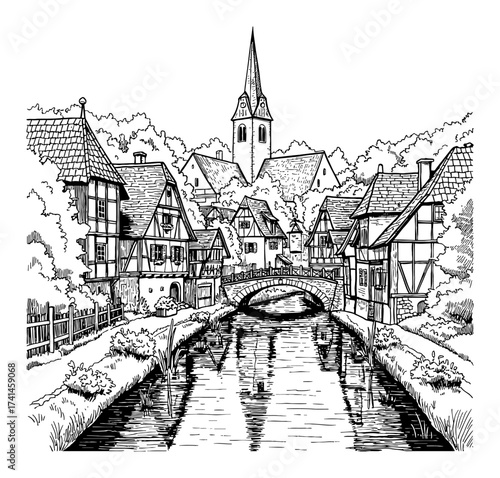 European Village Canal Scene with Half Timbered Houses and Church Spire Black and White Outline Line Art Drawing