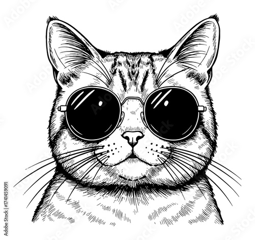 Cool Himalayan Cat Wearing Sunglasses Head Portrait Black and White Outline Line Art Drawing