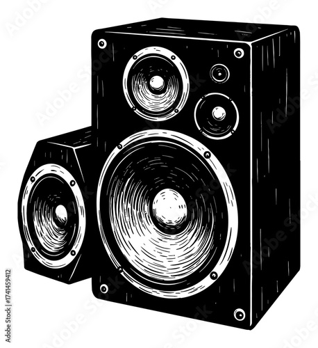 Big Music Speaker Audio System Set Vintage Style Black and White Outline Line Art Drawing