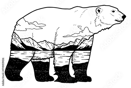 Polar Bear Silhouette Double Exposure Antartica Landscape Black and White Outline Line Art Drawing