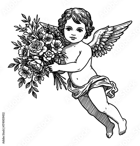 Flying Cherub with Flower Bouquet Black and White Outline Line Art Drawing Vintage Engraving Style
